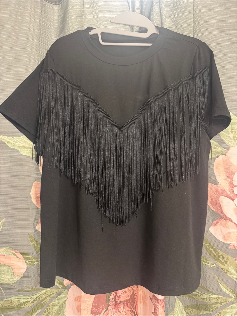 SHEIN Black Short Sleeve Fringe Tee